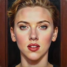 symmetrical, scarlett johansson at your door, ultimate portrait painting, ultimate perfect symmetrical facial features, 1 9 4 0 s, greg rutkowski, wide angle lens, hyperrealism, realistic lighting