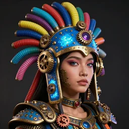 awardwinning portrait photo of a steampunk kali, wearing a glowing blue and golden metallic aztec helmet with multicolored tubes and shiny metallic gears, 3 d render, crisp, 8 k, fluorescent colors, nikon photography