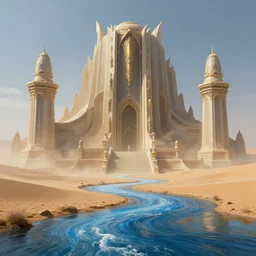 an anthropomorphic beautiful giant futuristic lost temple made of dust in a desert, blue crazy river, fine art, award winning, intricate, elegant, sharp focus, octane render, hyperrealistic, cinematic lighting, highly detailed, digital painting, 8 k concept art, art by jamie hewlett and z. w. gu, masterpiece, trending on artstation, 8 k