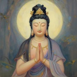contented peaceful female bodhisattva, praying meditating, in a scenic environment, portrait art by mary jane ansell