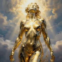 female body melting liquid acrylic painting abstract in golden glass and black latex veins, hypperrealistic 3 d sculpture, bokeh, long exposure, close up portrait, epic light, clouds, god rays, heaven, art noveau, artistic sketch