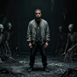 kanye west!! stands in a [ liminal space ]!!, [ dark room ]!!, creepy atmosphere!!, trending on artstation, 4 k photorealism, 8 k quality, macabre lighting, alienated feel, vignette, golden ratio!!, centered!!