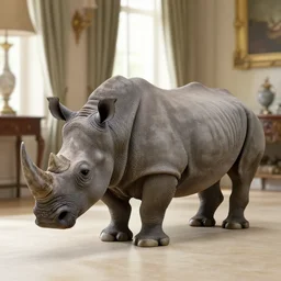 a rhinoceros in a french townhouse interior, by mini dv camera, very very low quality, heavy grain, very blurry, accidental flash, caught on trail cam