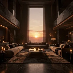 videogame screenshot of a very dark dreamy luxury maximalist living room, candlelight, sunset sunset sunset glow, dark shadows, god rays, chiaroscuro, wood concrete marble finishes, octane render, volumetric lighting, raytracing, symmetrical wide shot low angle