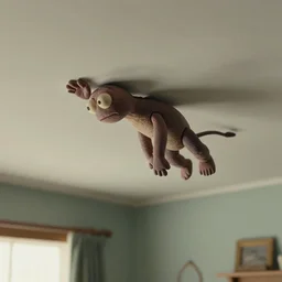 A claymation of a strange creature crawling on the living room ceiling by René Magritte