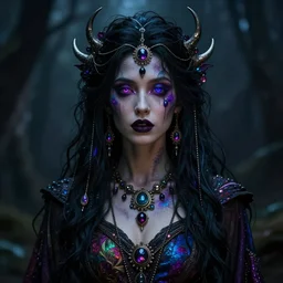 stunning otherworldly Gothic goddess of beauty wearing psychedelic Wicca, dark and mysterious, atmospheric, ominous, eerie, cinematic, Epic, 8k, 4k, ultra detail, ultra realistic, rendered by awesomeness