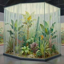 exotic plants in a huge glass display partially covered by a curtain, the 1 9 6 0 s, oil painting, pale colors, high detail, 8 k, wide angle, trending on artstation