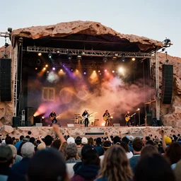 photograph led zeppelin performing in a rocky stage!! in the atacama desert by mark owen. kodak portra film!!. whirl bokeh!. mamiya 7. highly detailed. hq. photoreal. golden hour. in - frame