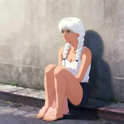 concept, girl sitting on street, against wall, alone, looking left, white braids, singular, akira toriyama, styled, photoshop mid filter, anime, full portrait, stylistic lighting