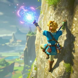 in game footage of link from the legend of zelda breath of the wild climbing using magnesis, breath of the wild art style.
