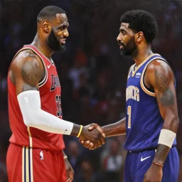 lebron james, kyrie irving, shaking hands, oil on canvas painting, intense, anime