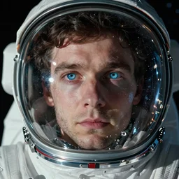 thom yorke singer songwriter in a spacesuit filling up with water, dark background, glass - reflecting - stars, space - station light reflections, ultrafine detail, hyper realistic face, beautiful blue - eyes, music video, eyes reflecting into eyes reflecting into infinity, eyes reflecting into eyes reflecting into infinity