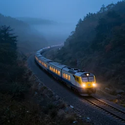 a train racing through a foggy valley at night