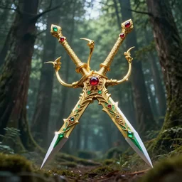 cu of a large five armed golden, ruby and emerald encrusted shuriken weapon, flying thru a ancient forest