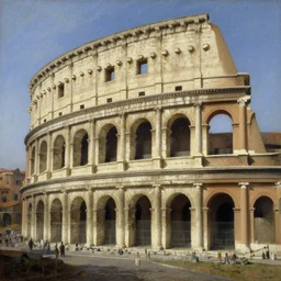 photorealistic surrealist painting of an ancient roman city with ornate stone architecture, by max ernst