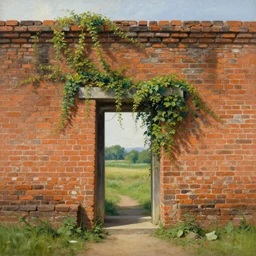 a beautiful painting of an ancient brick wall with a closed portal covered in vines, landscape, 8 k, photorealism