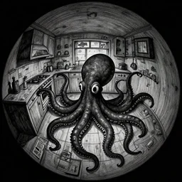 dark palette emo black, fisheye spiral lines, naive, extra narrow, detailed illustration of a kitchen, large floor, octopus shaped by rhads from lorax movie
