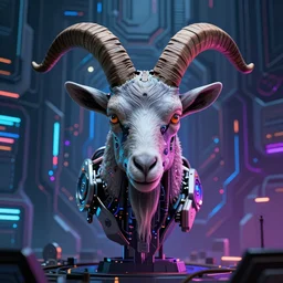 complex cyberpunk machine background merged with one evil cybernetic goat head in center focus, multicolored digital art