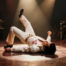 serval elvis presley's on stage that is collapsing, photorealistic