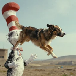 dog flying through the air, film still from the movie directed by denis villeneuve and david cronenberg with art direction by h. r. giger and dr. seuss