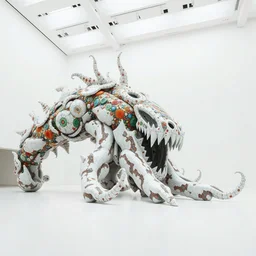 establishing wide view shot of stunning massive intricate fascinating sculpture of an abstract marble creature with colored glass mosaic tiles by * francesco somaini * in huge empty white space. with collaboration of ellen jewett, sayaka ganz, edouard martinet