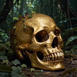 chiaroscuro Still life of ray of light shining on golden skull etched with detailed and intricate ancient runes and overtaken by plant ivy filigree, in a Vast jungle background