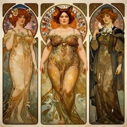 hyper-realistic detailed full body portrait of attractive overweight, plus-sized model mature woman with cat ears by Alphonse Mucha, Ayami Kojima, Amano, Charlie Bowater, Karol Bak, Greg Hildebrandt, Jean Delville, and Mark Brooks, Art Nouveau, Neo-Gothic, gothic, rich deep colors