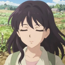 Greg Manchess ainting of Velma Dinkley in the style of Violet Evergarden, anime style, winged eyelashes, countryside, calm, fantasy character portrait, dark outlines, dynamic pose, above view, sunny day, artwork by Makoto Shinkai, very coherent asymmetrical artwork, sharp edges, perfect face, simple form, 100mm