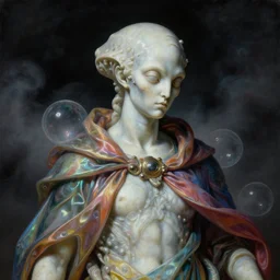 a baroque neoclassicist close - up portrait of a futuristic marble statue of an colorful lovecraftian alien wearing a cloak surrounded by glowing bubbles. iridescent and reflective silk. foggy black background with dark puffy clouds. highly detailed science fiction painting by norman rockwell, frank frazetta, syd mead and moebius. rich colors, high contrast, gloomy atmosphere, dark background. trending on artstation.