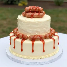 photo of a wedding cake with sausages and ketchup