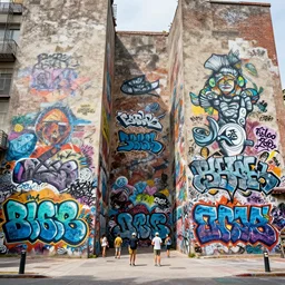 tiny people in front of giant walls with amazing graffitis, hyper detailed, photorealistic, hd