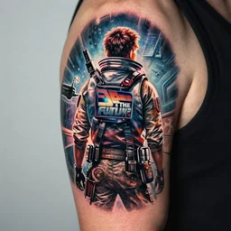 a tattoo design of a realistic back to the future movie tattoo, highly detailed