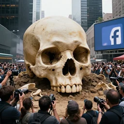 photo of a giant skull being excavated in the middle of the city while the media gathers around it, trending on facebook, high definition, cinematic, 8 k