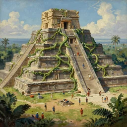 insanely vast vine covered aztec temple with aztec people uncovering it, beautiful painting overlay