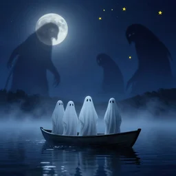 ghosts on boat on the middle of lake, fog, moon, monsters shadows, night sky, yellow stars, deep blue mood, by stanley kubrick