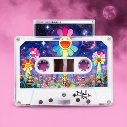 a music cassette with a pink monochrome background by takashi murakami,, beeple and james jean, aya takano color style, 4 k, super detailed, night sky, digital art, digital painting, celestial, majestic, colorful