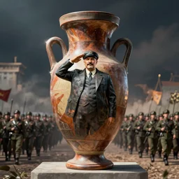 ancient greek amphora of stalin saluting in front of a military parade