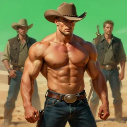 male bald bodybuilder cowboy, desert background, digital painting, green light, detailed, highly detailed, smooth, sharp focus, illustration by ruan jia and mandy jurgens and william - adolphe bouguereau, artgerm
