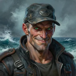 an intimate portrait of a gnarly human cyberpunk captain, old skin, faded hat, charming, strong leader, green eyes, a look of cunning, big smile, detailed matte fantasy painting, the sea and storms behind him