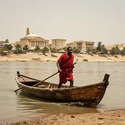 a man in red drapery in a blood barque on a river next to a neo - classical city in the desert, leica sl 2 5 0 mm, heavy grain, high quality, high detail, run, mud