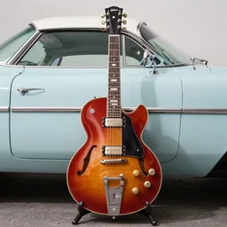 portrait of a gibson es - 3 3 5 guitar 1 9 5 3 cadillac in a pit of fire, nebula, symmetrical, cables everywhere, chrome,, new art nouveau, mucha, hot rod, moebius, vintage,