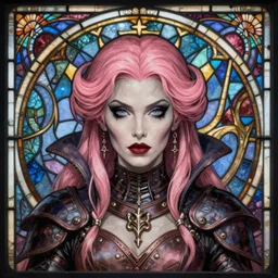 head - on symmetrical centered painted portrait, serah farron as vampire, pink hair, leather armour, art nouveau, tarot card style, stained glass, fantasy, intricate, elegant, highly detailed, smooth, sharp focus, illustration, artstation, in the style of artgerm and anna podedworna and alex ross and mucha
