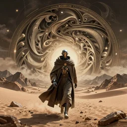 a cyborg dressed in a large cloak walking through a dangerous desert, mountains, epic, close up, in the center, centered, intrincate by moebius, jean giraud & kilian eng moebius style