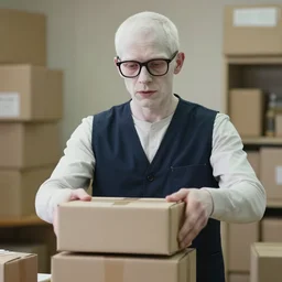 hyperrealistic photo of a pale white amazon male employee sorting packages, wearing a vest, wearing creepy glasses, soft facial features