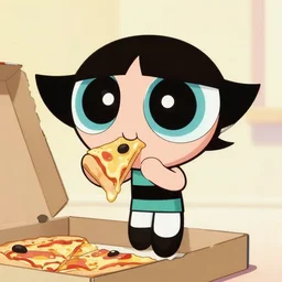 buttercup from powerpuff girls eating pizza, digital painting, artstation