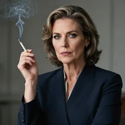a mature, judge woman, menacing stare, smoking a cigarette, intelligent, beautiful, deep stare, boss