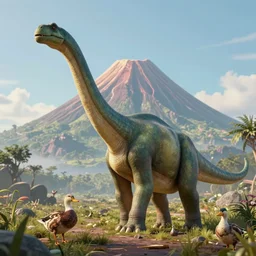 a hybrid between a duck and a brachiosaurus in pre historic earth, volcano in the background, photography, award winning, national geographic