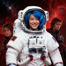 highly detailed portrait of a hopeful astronaut with a wavy blue hair, by dustin nguyen, akihiko yoshida, greg tocchini, greg rutkowski, by kaethe butcher, 4 k resolution, nier : automata inspired, bravely default inspired, vibrant but dreary but upflifting red, black and white color scheme!!! ( ( space nebula background ) )