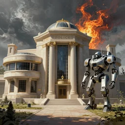 Futuristic police station. By Frank Lloyd Wright, concept art, digital painting, unreal engine, cgsociety, neoclassical, mech, robot, fractal flame, cinematic, highly detailded