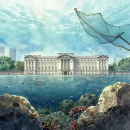 incredible wide screenshot, ultrawide, simple watercolor, rough paper texture, underwater london, buckingham palace, westminster, backlit shot, fishing net, fish shoal, reef, boulders, pencil marks, shinjuku, koji morimoto, katsuya terada, masamune shirow, tatsuyuki tanaka hd, 4 k, remaster, dynamic camera angle, deep 3 point perspective, dynamic lighting